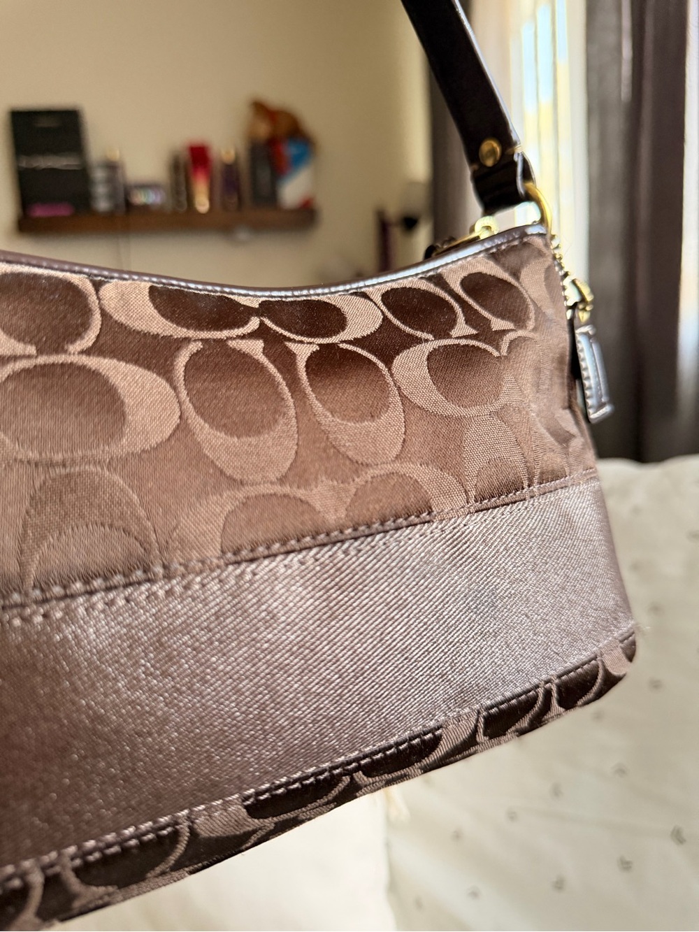 Coach Chocolate Brown Signature Jacquard Shoulder Baguette Bag - Picture 7 of 8